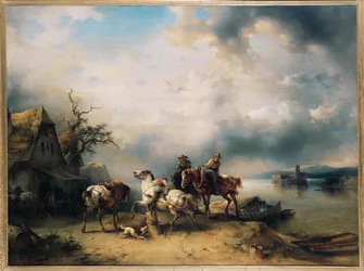 Horses Pulling Boats Resting Near a Pub on the Danube