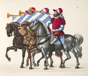 Three musicians at a tournament, plate from A History of the Development and Customs of Chivalry, by Dr. Franz Kottenkamp, published by Carl Hoffmann