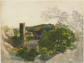 Ruins of a Fortified Tower among Wooded Hills