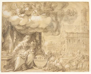 The Holy Family with Singing Angels. In the background, St. Michael