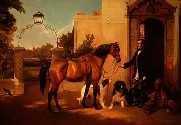 A Gentleman with His Hunter and Dogs Outside His House