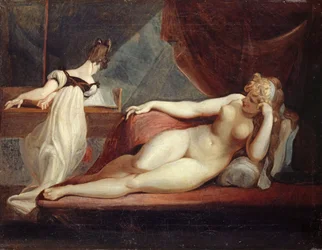 Resting female nude and a piano player
