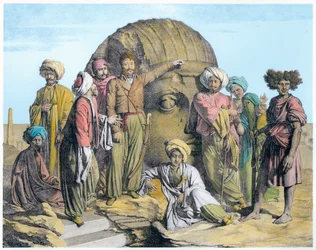 Archaeologist Bernardino Drovetti Measuring a Colossal Head in the Egyptian Desert