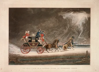 The mail coach in a thunderstorm on Newmarket Heath, Suffolk, 1827