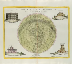 Cosmographic plate of the Southern Celestial Planisphere cut at the equator, engraving by G. Zuliani taken from Tome I of the Newest Atlas published in Venice in 1777 by Antonio Zatta