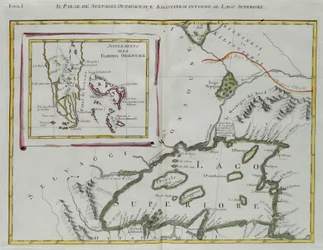 Land of the Ottawa and Kilistine Indians Around Lake Superior and a Supplement of Eastern Florida, Engraving by G. Zuliani from Tome I of the "Newest Atlas"