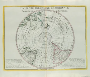 Southern Hemisphere of the Earth cut at the equator, engraving by G. Zuliani taken from Tome I of the Newest Atlas published in Venice in 1779 by Antonio Zatta