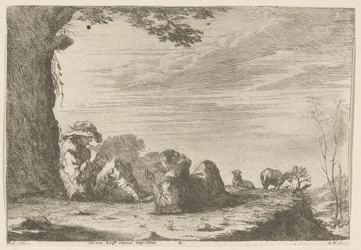 Shepherds Making Music with Sheep in Rustic Landscape