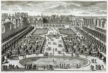 View of the Parc du Palais Royal in Paris. Engraving by Perelle, end of the 17th century