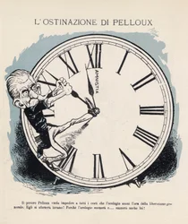Cartoon of Italian Prime Minister Luigi Pelloux Trying to Prevent the Hour of General Liberation in 1898