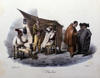 Small metier of the city of Naples: a walking barber and chatting in the street. Lithograph of G. Dura