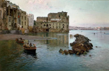 The sea shore in Naples. Painting by Gaetano Esposito (1858-1911)