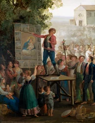 A street artist singing the miracles of the Virgin at the Feast of the Madonna dell