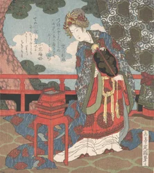Lady with Fan Standing on Verandah