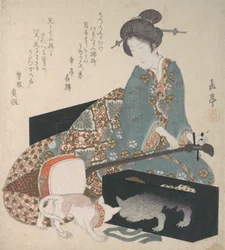 Woman Tuning a Shamisen and a Cat Looking at its Own Reflection, mid-1820s