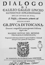 Title page of Dialogue concerning two chief world systems, Ptolemaic and Copernican, by Galileo Galilei, published in Florence in 1632 by Gian Battista Landini