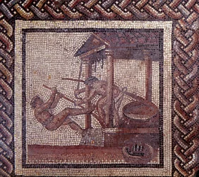 Mosaic paving representing a rustic calendar and an oil press