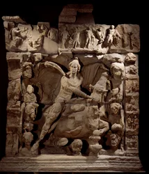 Gallo Roman Art: relief depicting Mithra the god of light with the bull. From a Mithraeum temple. 50 BC-100 AD. Metz. Museum of Fine Arts