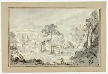 Hunter with Dog, Other Figures in Landscape with Villa, Canal, Pyramid