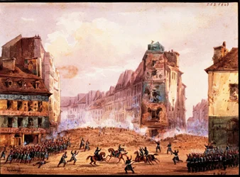 Scene from 1848 Revolution, Culture Sainte Catherine Street barricade in February, by Gobaut, France