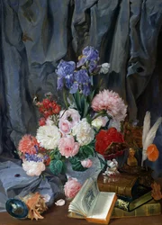Still life with vase of cut flowers, shells and books