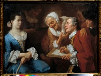 A Painter and His Model, Behind Him an Old Woman Stretches Her Neck to Watch Her Drawing