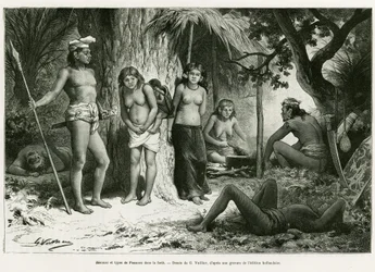 Bivouac and types of Lung in the forest. Engraving to illustrate the story De Koutei a Bandjirmasin, voyage through Borneo, by Carl Bock, in le tour du monde 1890, directed by Edouard Charton, Hachette, Paris.