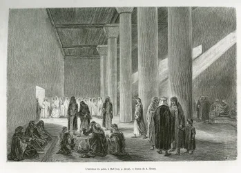 Inside the Palace of Emir Muhammad Ibn Abdullah Al Rashid in Hail, Saudi Arabia (engraving by G. Vuillier, to illustrate the story 