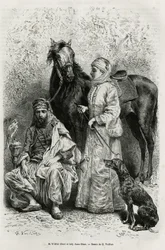 Portraits of Mr.Wilfrid Blunt (1840-1922), poet and writer, and his wife, Lady Anna Blunt (nee King Noel (King Noel) 1837-1917), the first European woman to explore the Middle East, wearing a travel suit, in front of one of the Arab horses in their stables