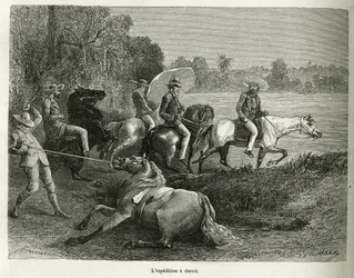 The expedition on horseback for the exploration of the valley of Terable (engraving after a drawing by G. Vuillier, to illustrate the story 