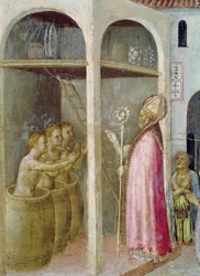 St. Nicholas Resuscitates the Three Children Thrown into Brine Tubs, detail from a predella panel of the Quaratesi Altarpiece, 1425