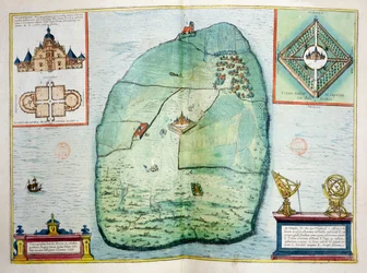 The Castle and Observatory of Uraniborg on the Island of Hven, Denmark, constructed c.1584 by Tycho Brahe, from Urbium Praecipuarum Mundi Theatrum Quintum, published Cologne, 1598