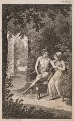 Illustration with Couple on a Bench in a Garden