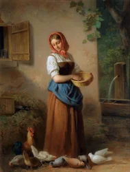A Girl Feeding Chickens and Pigeons