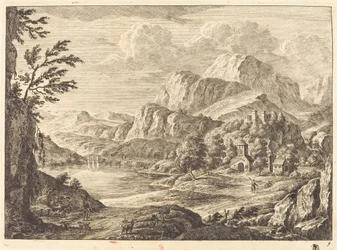 Mountainous Landscape with a Ruined Castle and an Arched Bridge in the Distance