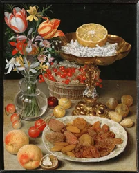 Still-Life with Dessert and Bouquet