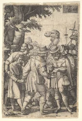 Joseph Sold to the Merchants: A Bearded Man Grasping Joseph with His Left Hand Receives Co...