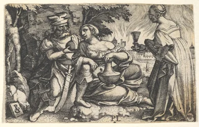 Lot and his daughters: a daughter at center rests her right arm on Lot