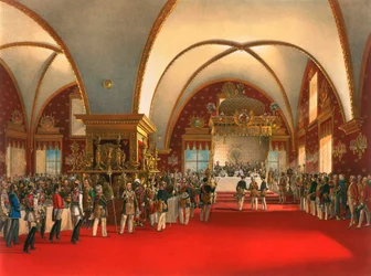Coronation banquet in the hall of the Palace of the Facets in the Moscow Kremlin, 1856.