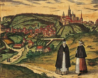 Czech Republic, Prague, View of the city with the citadel in the background, color engraving from Civitates Orbis Terrarum by Georg Braun (1541-1622) and Franz Hogenberg (1535-1590)