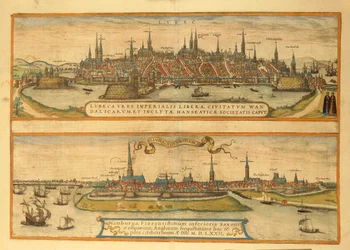 Map of Lubeck and Hamburg from Civitates Orbis Terrarum