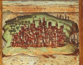 Map of Mombasa, Kenya, from Civitates Orbis Terrarum by Georg Braun and Franz Hogenberg, Engraving