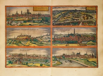 Map of Munich, Ingolstadt, Freising, Nordlingen, Regensburg and Straubing, Germany, from Civitates Orbis Terrarum by Georg Braun