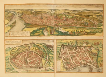 Map of Rouen, Nimes and Bordeaux from Civitates Orbis Terrarum by Georg Braun