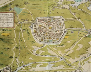 Map of Leiden city and region from Civitates Orbis Terrarum by Georg Braun and Franz Hogenberg, Cologne, engraving
