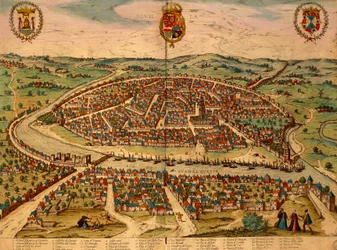 View of Seville, color engraving from Civitates Orbis Terrarum by Georg Braun and Franz Hogenberg