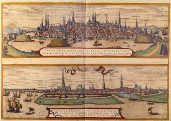 Top View of the City of Lubeck, Below the City of Hamburg in Germany. Engraving from the Atlas of "Braun and Hogenberg" 1572