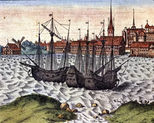 The port of Lubeck after the Theatrum Orbis Terrarum of Braun and Hogenberg. 17th century