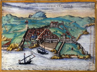 View of the Fortified City of Tangier and the Coast, Morocco. Three Ships Anchored Near the Coast. In 