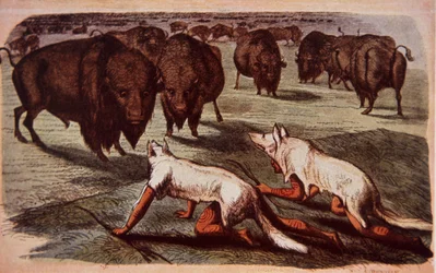 North American Plains Indians creep up on grazing buffalo while wearing wolf skins, c.1840